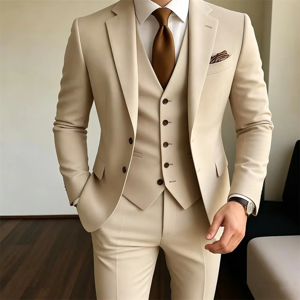 Men Formal Party Wear Outfit - Khaki Men's Suits 3 Pieces Jacket+Vest+Pant