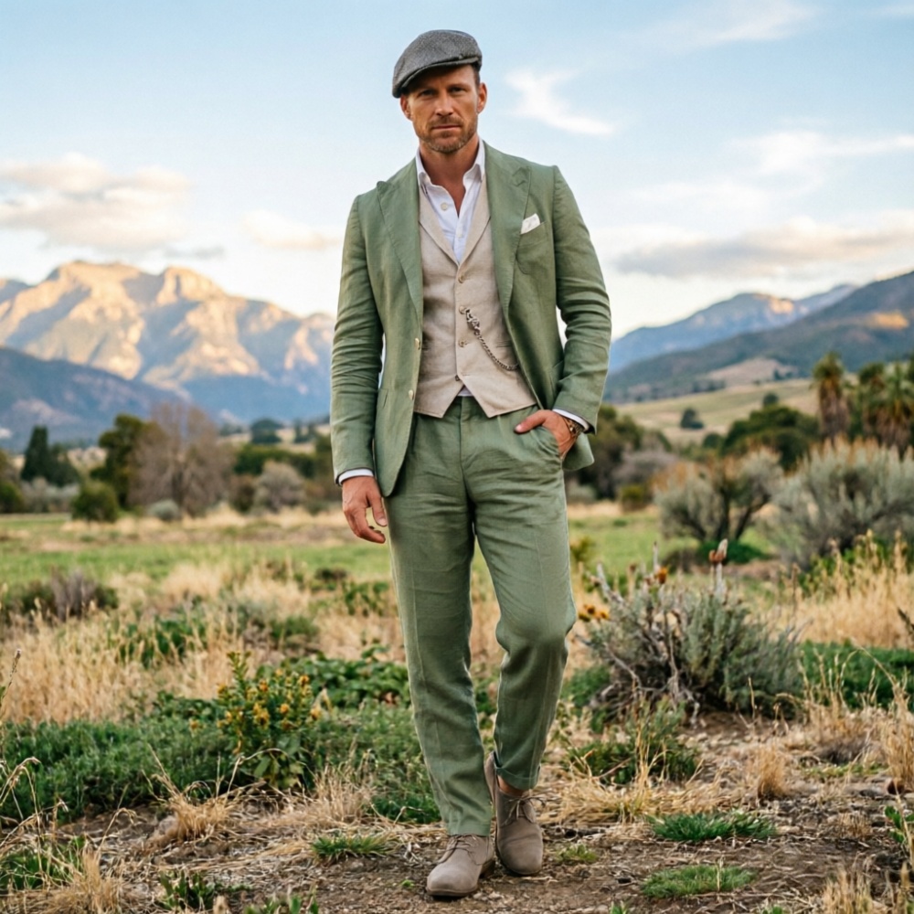Sage Green Linen Men 3 Piece S - đánh giá và giá Men Formal Party Wear Outfit